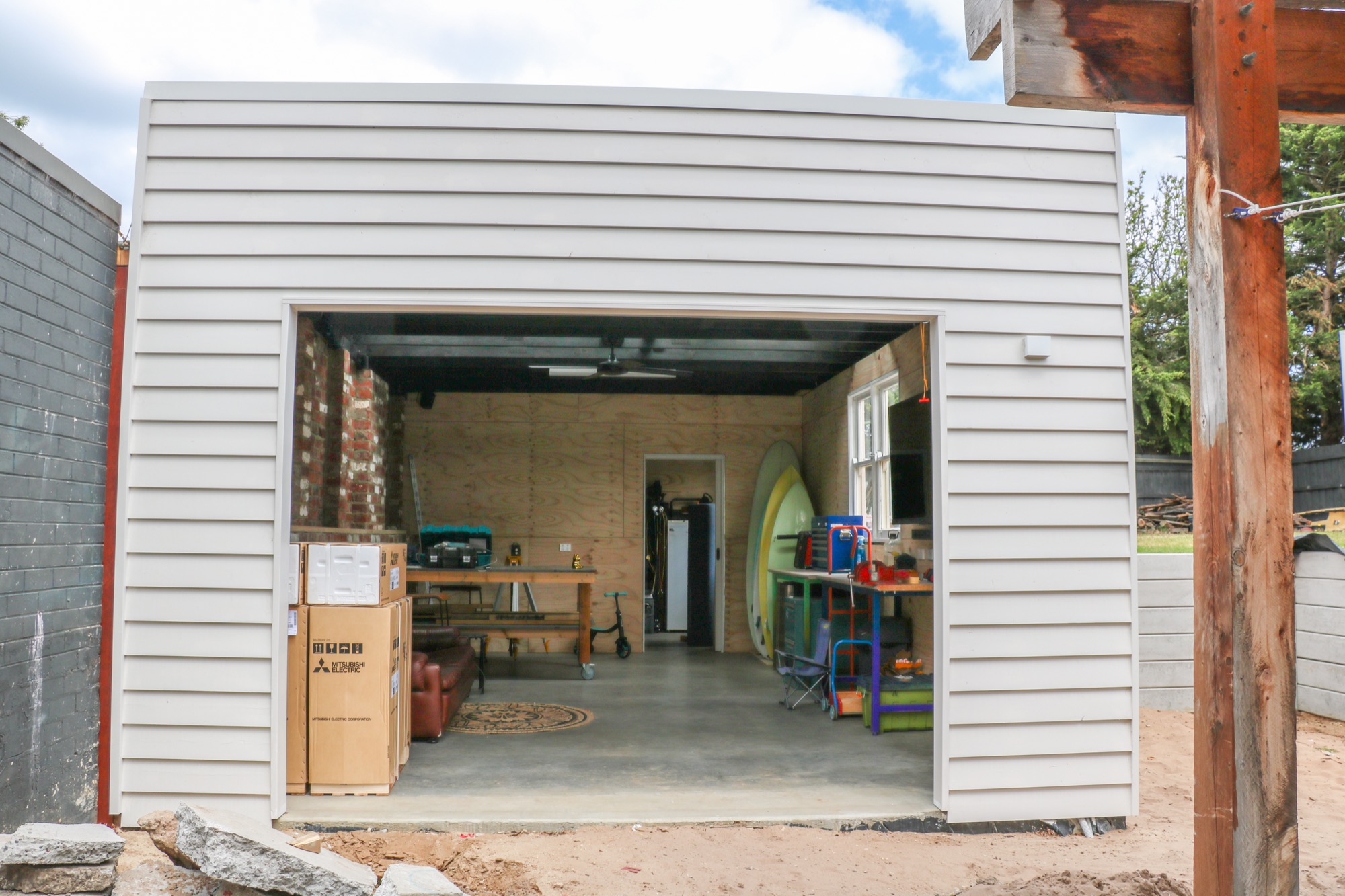 Halifax Street garage build, completed exterior with the door open