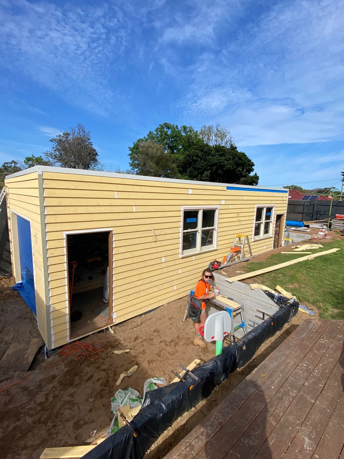 Halifax Street garage build, weatherboard cladding going on