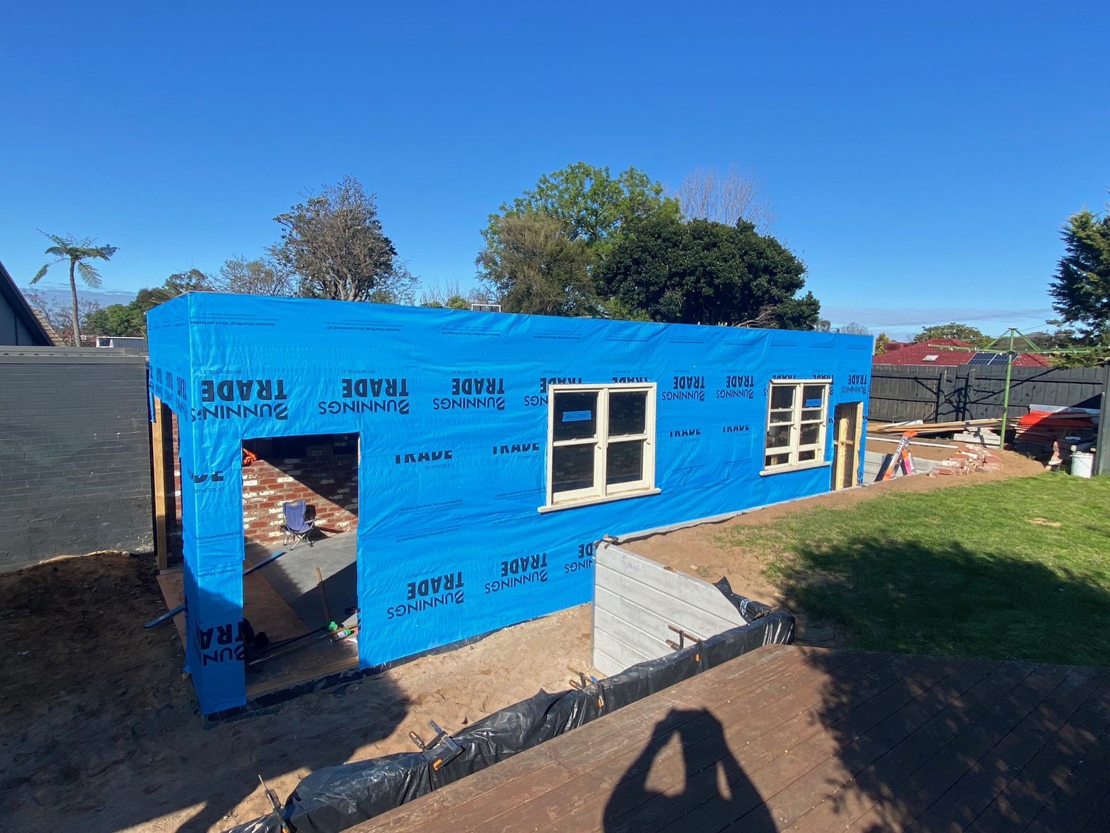 Halifax Street garage build, wrapped and windows installed